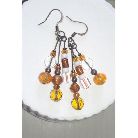 Handmade Jewelry - artisan earrings 365#mfs Fringe dangles golden yellows & orangey crackle glass m